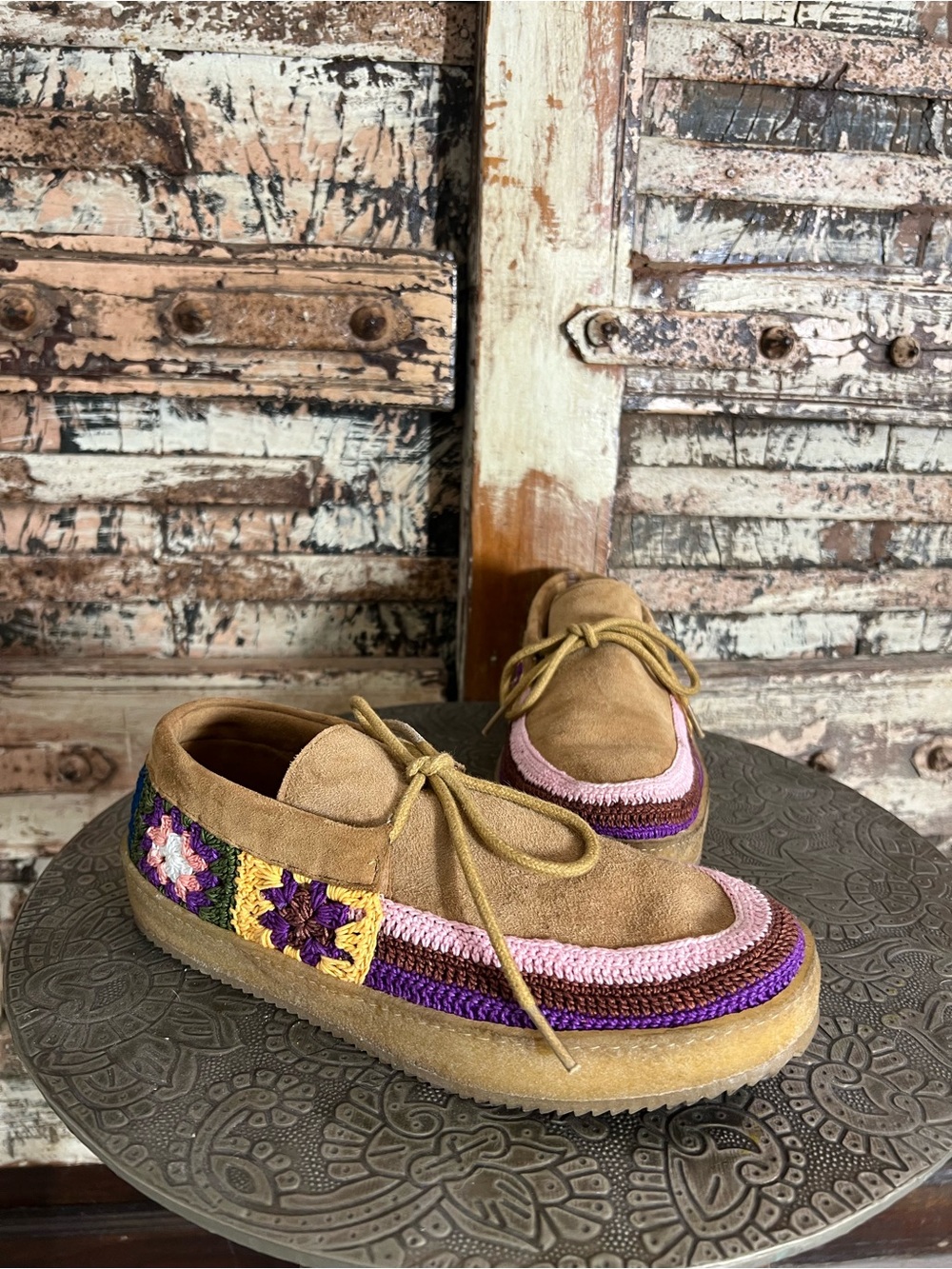Laidback London Free People Komo Crepe Tan Suede Crochet Loafers Slip Ons, 38